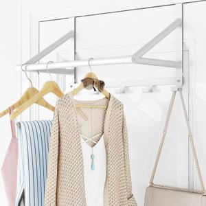 Over The Door Clothes Hanger, Metal Over The Door Hangers for Clothes with 5 Hooks, Clothing Hanger Drying Racks for Laundry, Bedroom, Washroom, Fits Door Up to 1.85", White