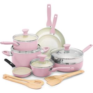 GreenPan Rio Healthy Ceramic Nonstick 16 Piece Cookware Pots and Pans Set, PFAS-Free, Dishwasher Safe, Pink