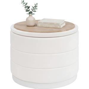 B FSOBEIIALEO Round Velvet Storage Ottoman with Tray, Folding Ottoman with Storage Coffee Table Foot Rest for Dorm Room, Living Room White, 22.83"x22.83"x17.32"