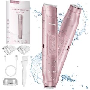Bikini Trimmer for Women - 2 in 1 Electric Razors for Women - Dual Head Electric Shaver - IPX7 Waterproof Wet & Dry Use Body Hair Trimmer and Facial Hair Remover for Bikini Underarm Leg Arm (Pink)