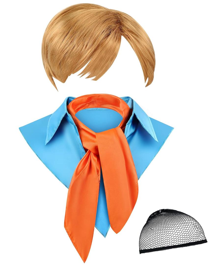Halloween Deluxe Costume for Adult Fake Collar Detachable Dickey Collar Orange Square Neck Scarf Synthetic Short Wigs with Mesh Net Wig Caps Cosplay