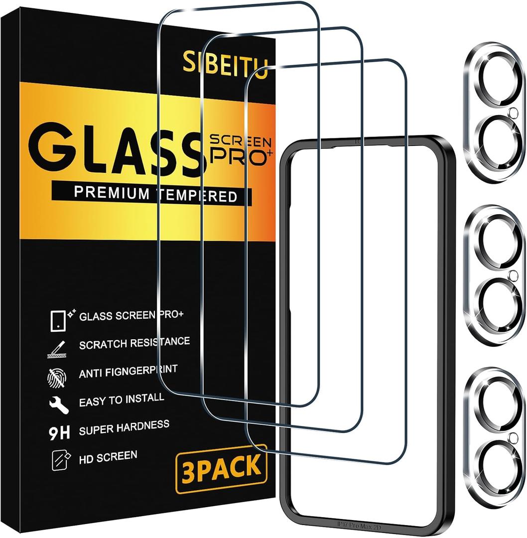 SIBEITU 3 Pack Screen Protector for iPhone 17 with 3 Pack Camera Lens Tempered Glass Protector + Installation Frame, 6.3 Inch HD Clear Glass Film 9H Hardness Scratch Resistent, Case Friendly