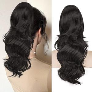 BOGSEA Ponytail Extension 20 Inch Drawstring Ponytail Extension for Women Long Wavy Hair Extensions for Daily Use(Brown Black)