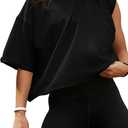 XIEERDUO Cotton Tshirts for Women Drop Shoulder Round Neck Oversized Crop Tops Workout Tops Tees (Black, 2XL)