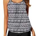 Yonique Womens Blouson Tankini Swimsuits Two Piece Strappy Bathing Suit Tops with Shorts Criss Cross Swimwear (Medium, Black&white Tribal)