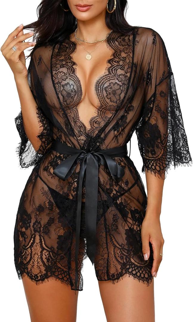 Sexy Lingerie for Women Lace Kimono Robe Mesh Chemise Nightgown Lace Robe XS-3XL (Small, Black)