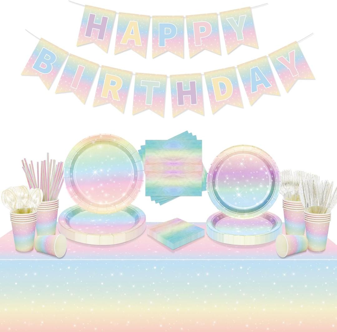 Pastel Rainbow Birthday Party Supplies, Includes Happy Birthday Banner, Tablecloth, Plates, Napkins, Cups, Knives, Forks, Spoons, Straws for Girls Birthday Party Decorations, Serves 20 Guests