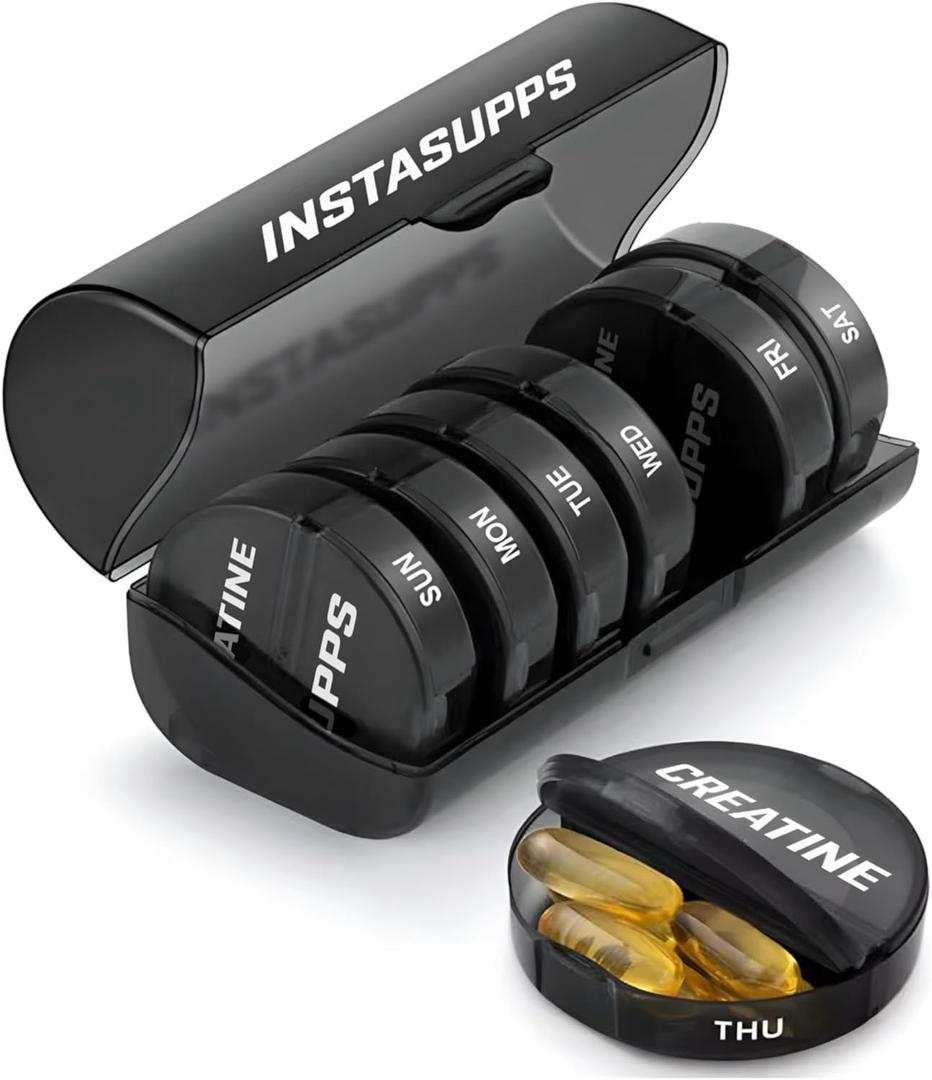 INSTASUPPS Creatine & Supplement Organizer  7 Day Supplement/Pill Case with Dual Lids for Daily Creatine, Supplements & Pills  Travel-Friendly, Leakproof, Gym Bag Ready for Vitamins & Medication