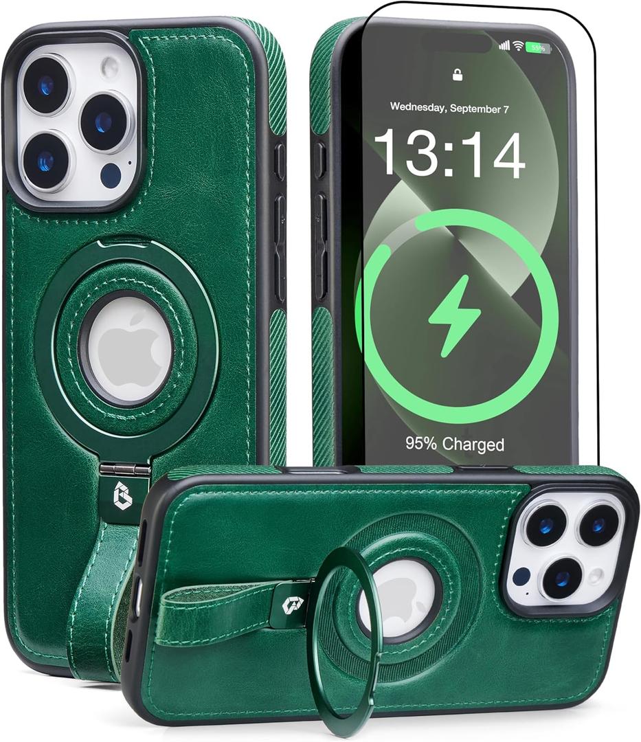 for iPhone 16 Pro Leather Case with Stand, Anti-Slip Grip Ring, Fits for MagSafe (Green, IP 16 Pro-6.3inch)