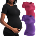 3 Pack Women's Short Sleeve Maternity T-Shirts, Yoga Summer Casual Crew Neck Pregnancy Tees Mama Tunic Tops Blouse, Small (Violet, Pink, Black)
