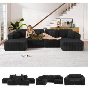 132" U Shaped Couch, Modular Sectional Sofa with Chaise, Corduroy U Shaped Boneless Couch with Deep Seat, Upholstered Modular Cloud Sofa for Living Room, No Assembly Required, Black (131.5" x 59.45" x 25")