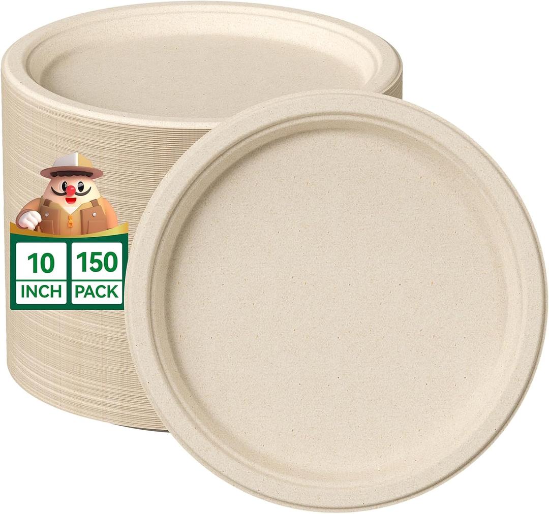 JOLLY CHEF 100% Compostable Paper Plates, 150 Pack 10 Inch Heavy Duty Plates, Disposable Biodegradable Eco-Friendly Sugarcane, Bulk Nature