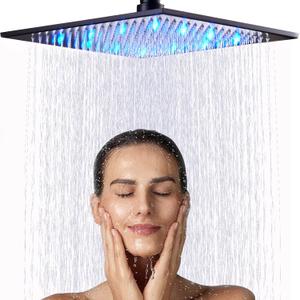 Suguword LED Shower Head 16 Inch High Pressure Rainfall Black Large Square Rain Shower Head Anti-leak Fixed Showerhead Bathromm Shower Fixture Easy To install Self-Cleaning Silicone Nozzle