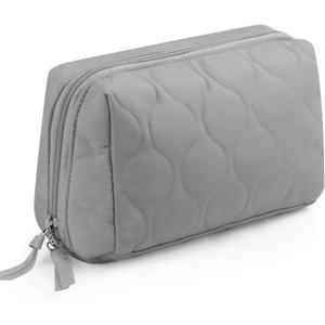 Travel Essentials Women's Makeup Bag, Lifestyle Products, Toiletries Organizer, Wide Mouth Fluffy Padded Women's Cosmetic Bag, Portable Large Capacity cosmetic organizer bag (light gray)