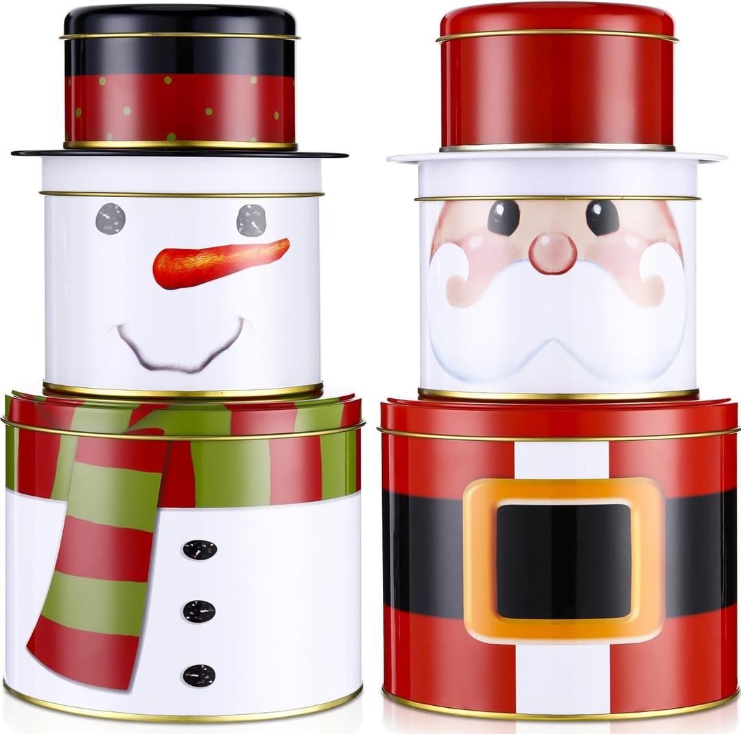 Tandefio 2 Sets Christmas Cookie Tins with Lids 3 Layer Christmas Tin Containers Metal Large Medium Small Round Nesting Containers Empty Tinplate Treat Boxes for Candy Chocolate Xmas Party Favor