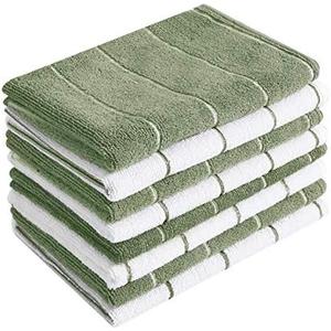 Microfiber Kitchen Towels - Super Absorbent, Soft and Solid Color Dish Towels, 8 Pack (Stripe Designed Dark Green and White Colors), 26 x 18 Inch