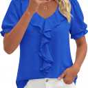 PRETTYGARDEN Women's Summer Dressy Casual Blouses 2026 Short Sleeve V Neck Ruffle Business Work Tops Trendy Spring Outfits (Blue, S)