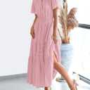 BTFBM Womens Summer 2026 Casual Midi Maxi Dresses Lightweight Short Sleeve V Neck Elastic Waist Boho Beach Dress Pockets (Pink). M Size