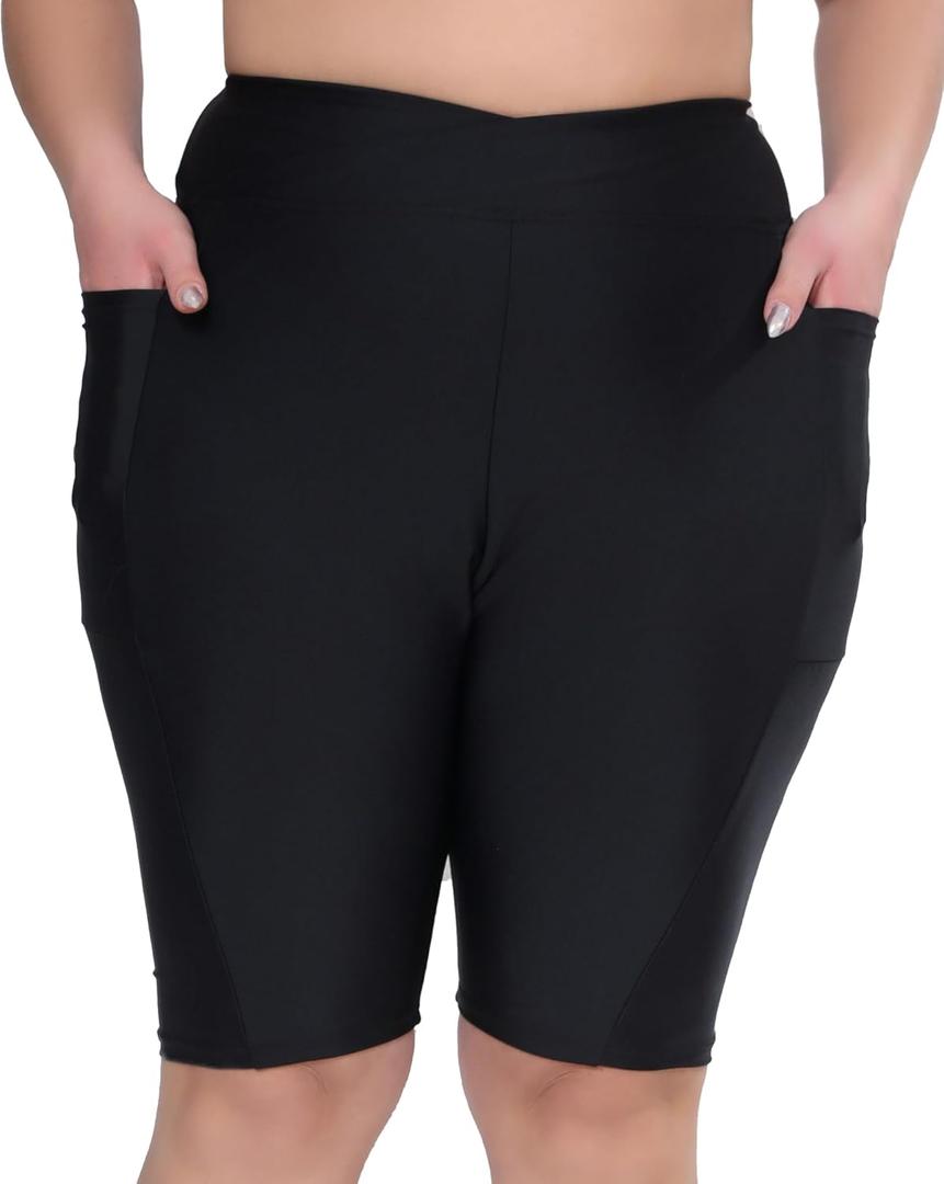 Women's 7" Plus Size Cross High Waisted Board Shorts with Side Pockets Boyshorts Swimsuit Bottoms (2X, Black2)