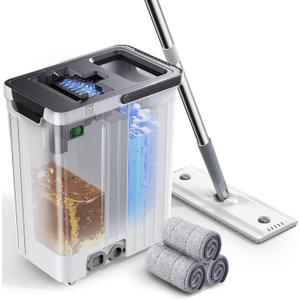 Mop and Bucket Set | Auto-Spray Cleaning | Dirty Water Separation Keep Water Fresh | Flat Mop & Bucket with Scraper | 3X Washable Pads | Mops for Floor Cleaning Valentine's Day Gift (White)