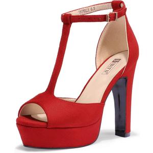 IDIFU Women's IN5 Polly Platform Chunky High Heels T-Strap Sexy Sandals Peep Toe Wedding Party Prom Dress Shoes for Women Bride (7) Red Suede 