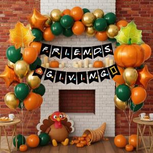 FriendsThanksgiving Decorations Party Supplies Friends Theme Party Banner Orange and Green Balloons Maple Leaf Star balloons for TV Show Fans Party Happy Friendsgiving Fall Thanksgiving Decorations