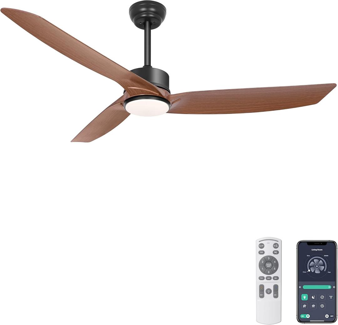 Ohniyou 56 Inch Ceiling Fan with Lights, Modern 3 Blades Ceiling Fan with Remote/APP Control Dimmable 3 CCT, Walnut Indoor Outdoor Ceiling Fan for Covered Patios Farmhouse Living Room