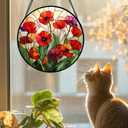 Stained Glass Window Hanging - Poppy Birth Flowers Suncatcher for Door Garden Yard Wildflowers Sun Catchers Decor Christmas Mother's Day Birthday Gifts for Women Mom Nana Friend 6.3 in