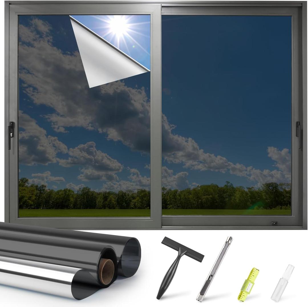 Kromapolis One Way Window Privacy Film Reflective Mirror Home Window Tint, Daytime Privacy Heat Control Anti UV Glass Tinting Static Cling (Black-Silver, 35.4 x 157.4 Inch)
