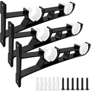 Curtain Rod Bracket, 3 Pack Double Curtain Rod Brackets, Heavy Duty Drapery Holders for 1 Inch Rods, Wall Double Rod Curtain Hanger Hooks, Black