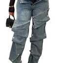 Famnbro Womens Baggy Cargo Jeans Y2K High Waisted Straight Wide Leg Detachable Denim Jeans Greyblue Medium