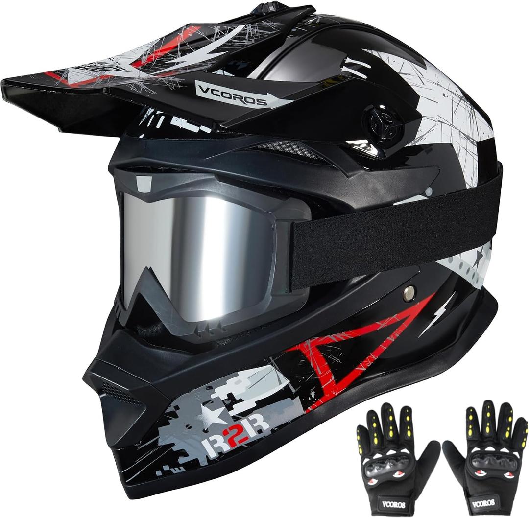 VCOROS Kids Dirt Bike Helmet Set VF605 DOT Certified with Goggles Gloves,  Camouflage Red, Large