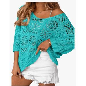 Saodimallsu Womens Crochet Cover Up Top Summer 3/4 Sleeve Off Shoulder Sweater Shirts Mesh Boho Beach Swimsuit Coverup, Size XL