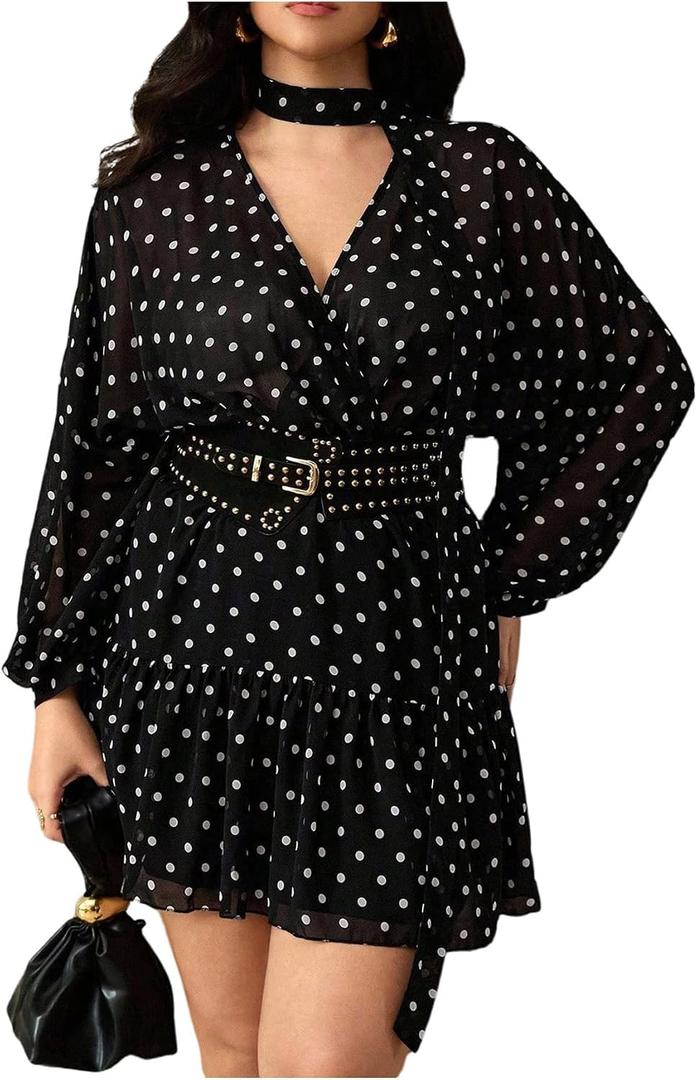 BEAUDRM Women's Plus Size Polka Dots Short Dress Y2k Ruffle V Neck Long Sleeve A Line Dresses with Scarf  XL