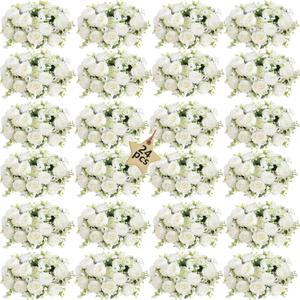 24 Bundles Peonies Artificial White Flowers Bouquet, Lifelike Silk Fake Peonies with Stems for Home Table Centerpieces, Wedding, Party & DIY Bridal Floral Arrangements (White)