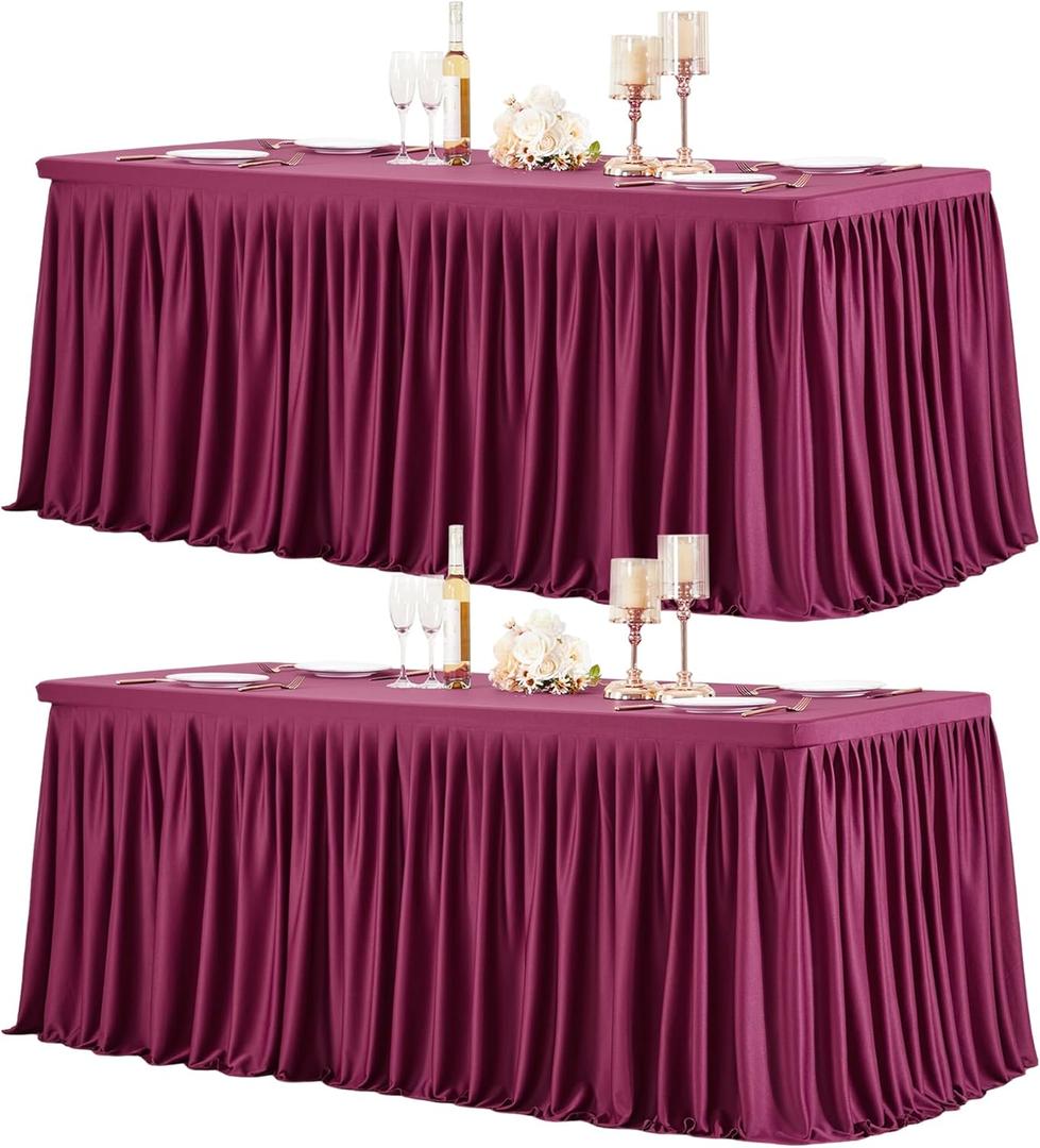 2 Packs Burgundy Polyester Table Clothes for 4 Foot Rectangle Tables, Wrinkle Free Fitted Table Cover 4ft Stretch Tablecloths with Skirt for Parties Weddings Birthday Banquet Baby Shower