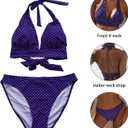 Women's Mid Rise Bikini Suit Halter Neck V Tie Push Up Front Classic Polka Dot Two Swimsuit (Blue, XL)
