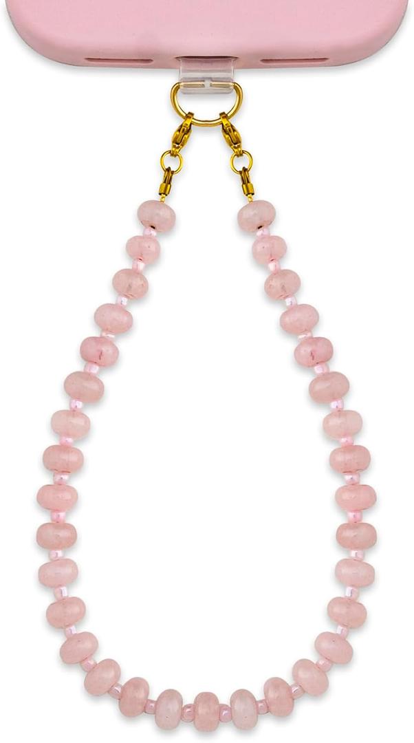 Natural Stone Phone Keychain Charm, Beaded Healing Phone Wrist Strap with Tether Tab (Pink)