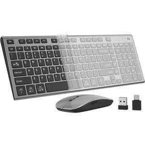 Wireless Keyboard and Mouse, GALENMORO Silent Quiet Combo Low Profile USB C Full Size Compact with Number Pad Flat Soft Touch Cordless for Mac Computer PC Laptop MacBook iMac Office - Black and Gray