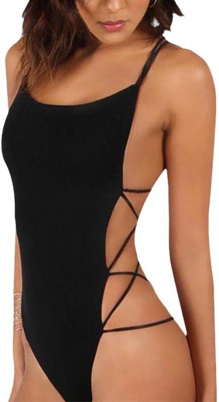 Evankin Womens' Sexy Bodysuit Lace up Backless Black Jumpsuit Women's Sleeveless Beach Swimsuit Slim Fit Round Neck Costume (Black, S)
