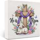 He Is Risen Christian Decor Wood Box Sign,Christian Easter Wooden Sign,Purple Religious Cross Lamb Wooden Signs,Spring Lily Flower Decor For Desk Tabletop Shelf Decoration 5x5 Inches