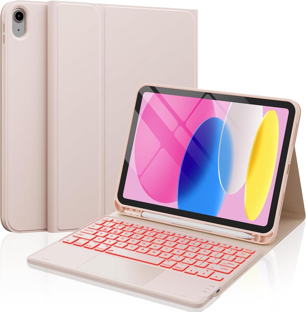 CHESONA for iPad 10th Generation Case with Keyboard, 2 Wireless Channels for iPad (A16) 11th/10th Gen (2025/2022), Backlight, Flip Stand Case with Pencil Holder, Multi-Touch Trackpad, Pink