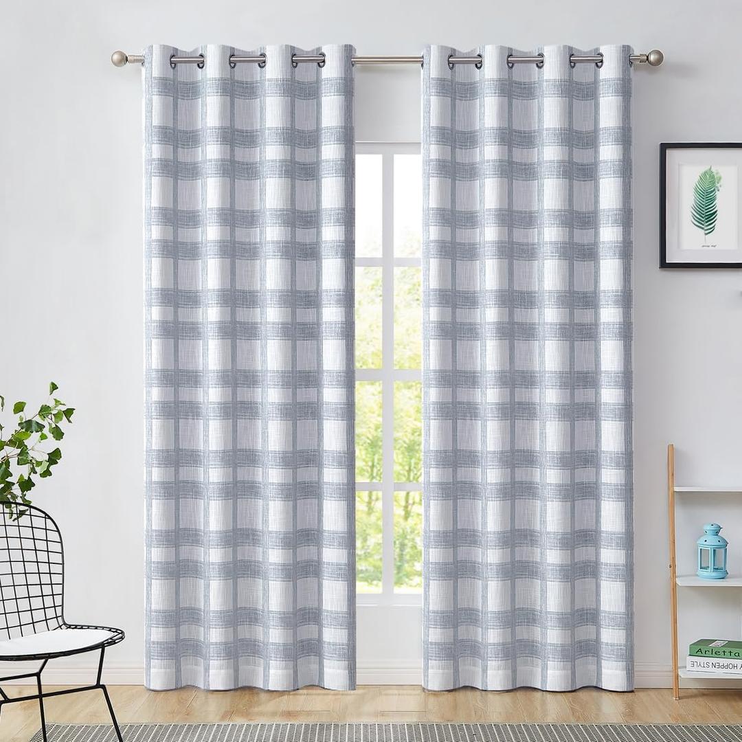 White and Blue Plaid Blackout Window Curtain Noise Reducing Buffalo Check Geometric Panel 84 Inches Long for Bedroom Grommet Top Rustic Farmhouse Room Darkening Drape, 50"x84", 2 Panels, Dusty Blue