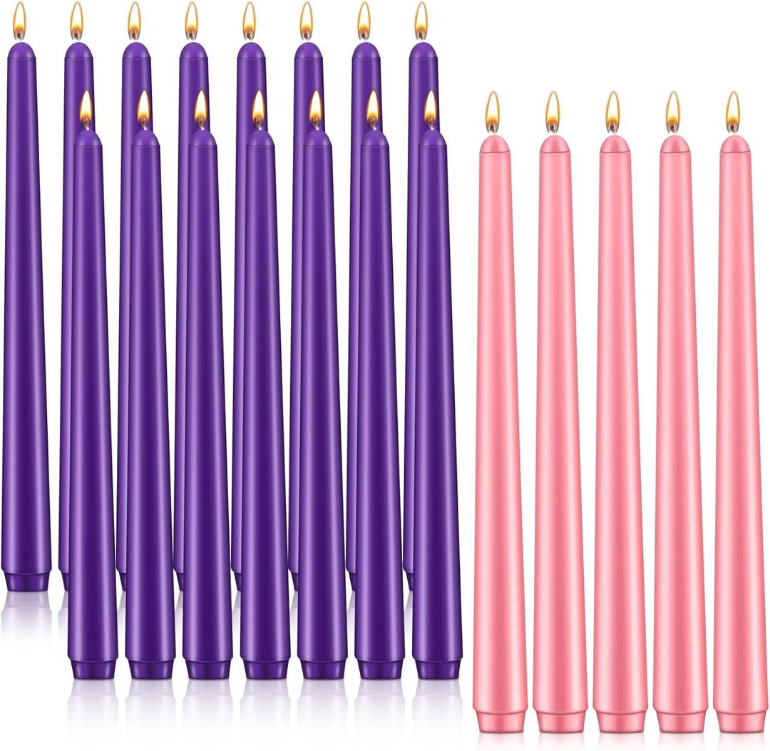 Patelai 20 Pcs Christmas Advent Candle Set Taper Candles 10 Inch Purple and Pink Christmas Candles Candlesticks for Wedding Advent Home Church Holiday Decoration Party Celebrations