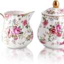 Ceramic Sugar and Creamer Set, 3 Piece Set with Cream Pitcher, Sugar Bowl, Sugar Set with Lid and Spoon (White with flower)