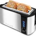 Elite Gourmet ECT-3100 Long Slot 4 Slice Toaster, Reheat, 6 Toast Settings, Defrost, Cancel Functions, Built-in Warming Rack, Extra Wide Slots for Bagels & Waffles, Stainless Steel & Black
