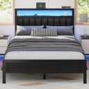 Furnulem Full Size Bed Frame with Charging Station and LED Lights, Platform Bed Grey Upholstered Headboard with 2-Tier Storage Shelves, No Box Spring Needed