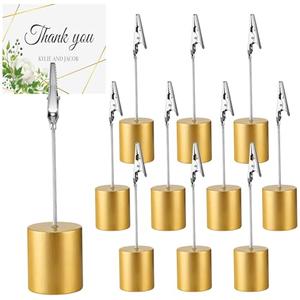 AceOrbit 10 Pcs Wood Gold Table Number Holders with Alligator Clips Wedding Wooden Place Card Holder Bulk Cylinder Table Top Name Clip Holder for Centerpiece Display Wedding Party Photo Menu Tag Card