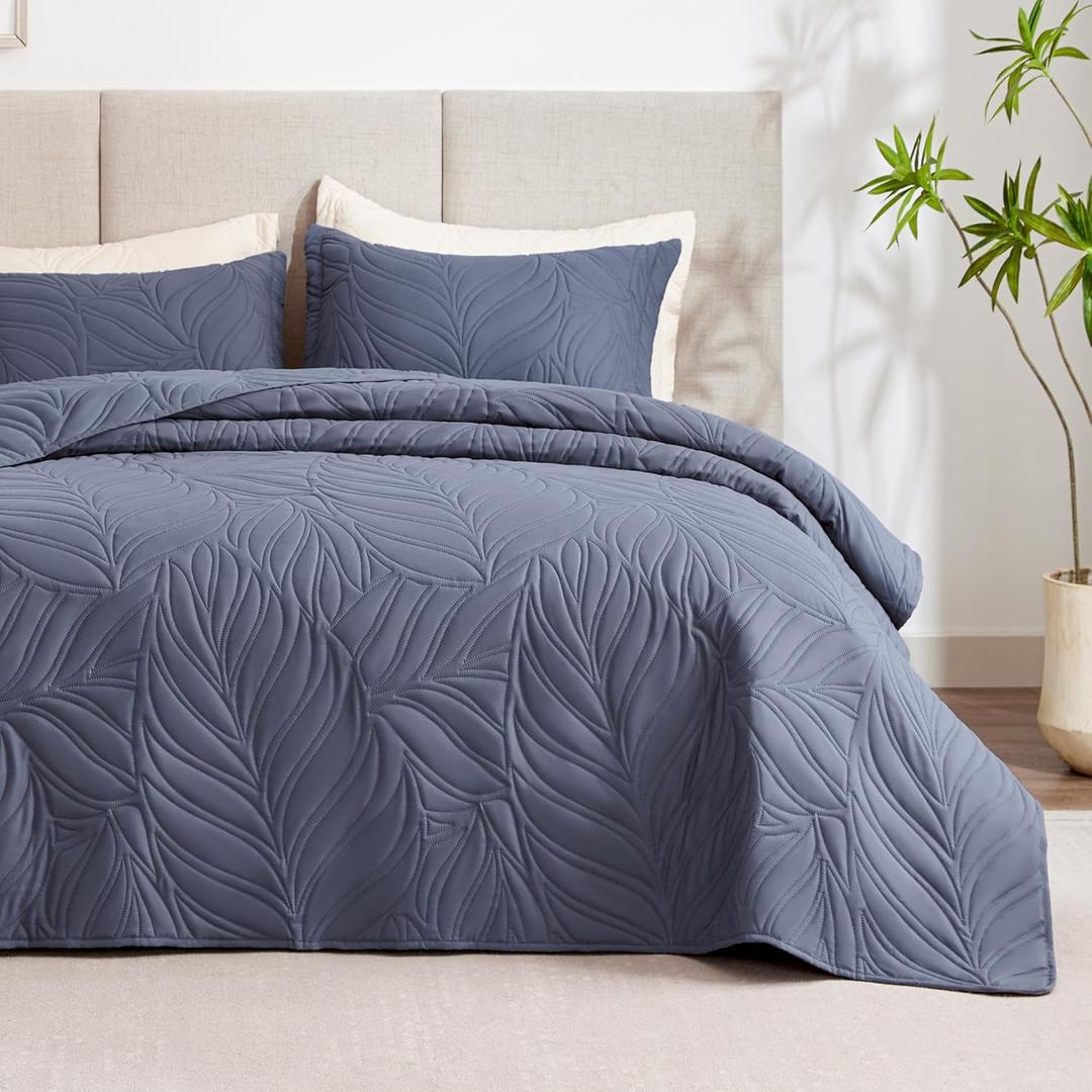 EXQ Home Quilt Set Full Queen Size Bluish Grey 3 Piece,Lightweight Soft Coverlet Modern Style Leaf Pattern Bedspread Set(1 Quilt,2 Pillow Shams)