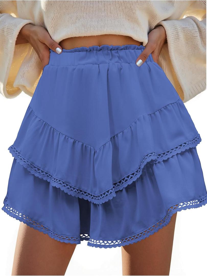 American Trends Skorts for Women Dressy Casual Flowy Shorts Boho Ruffle Tiered Skirts High Waist Mini Tennis Golf Skirt (Blue, XL)